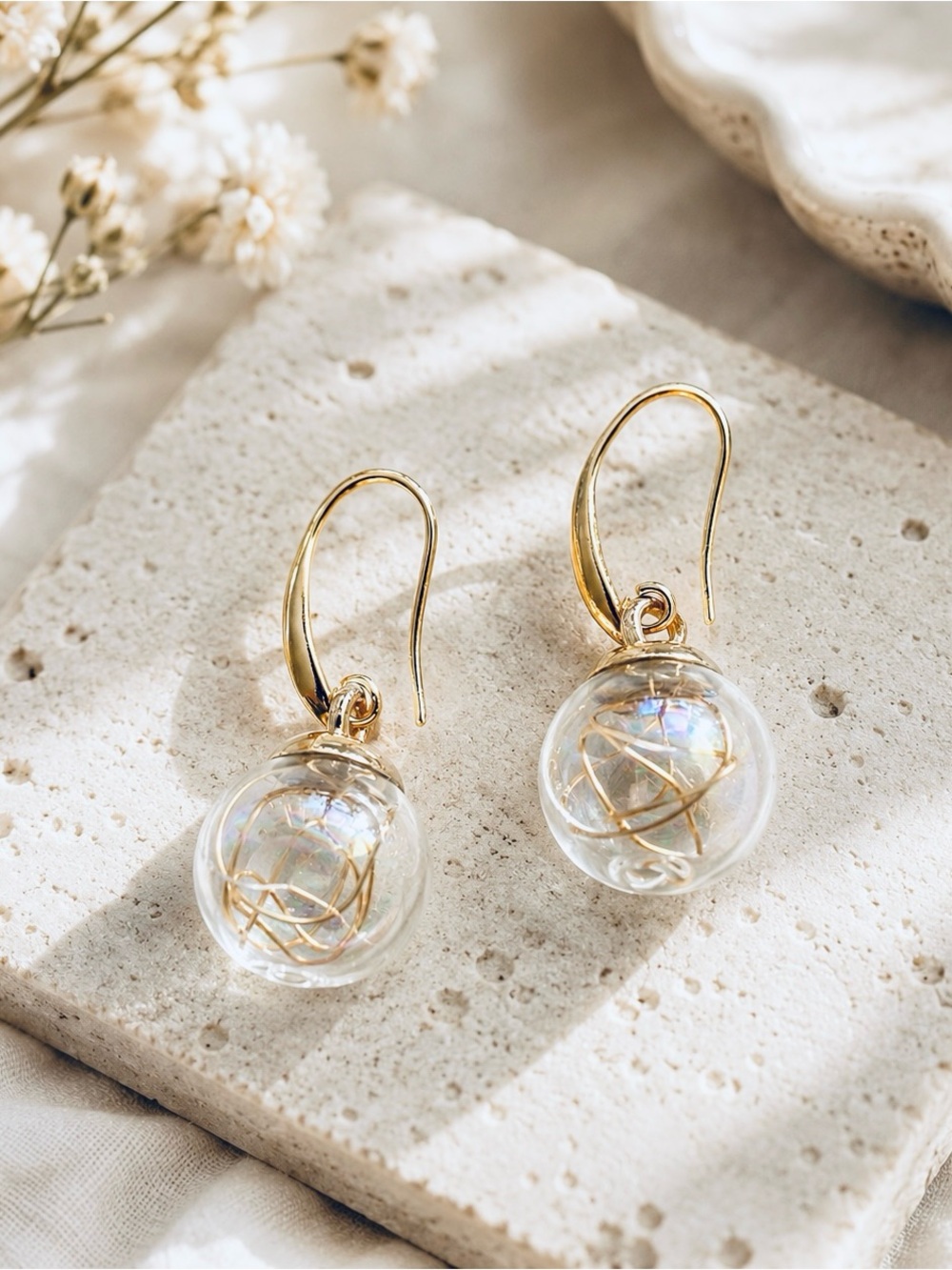 Gold Glass Orb Drop Earrings